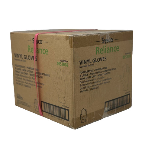 10/100Ct (1000/Cs) Sysco Reliance Vinyl Powder-Free Food Service Gloves XL Size
