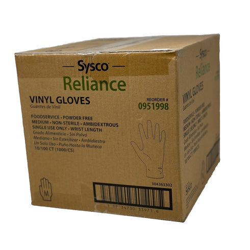 10/100Ct (1000/Cs) Sysco Reliance Vinyl Powder-Free Medium Food Service Gloves M
