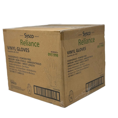 10/100Ct (1000/Cs) Sysco Reliance Vinyl Powder-Free Medium Food Service Gloves M