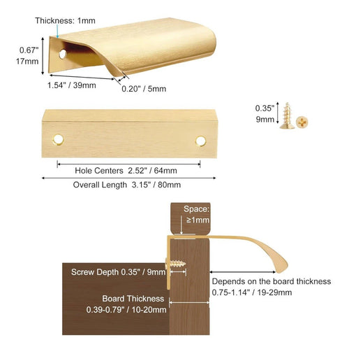 10 Pack Brushed Brass Gold Finger Edge Pulls Cabinets 3.15" Drawer Kitchen New