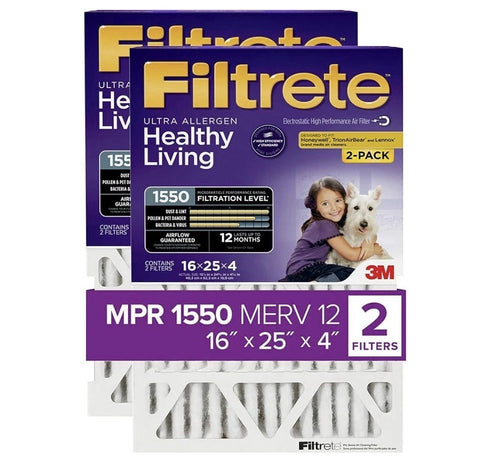 2 pk Filtrete 16x25x4 Ultra Allergen Healthy Living Air Filters 1550 MPR 25x16x4