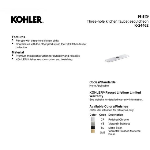 Kohler Riff Three-Hole Kitchen Faucet Escutcheon K-24462-BL - Matte Black