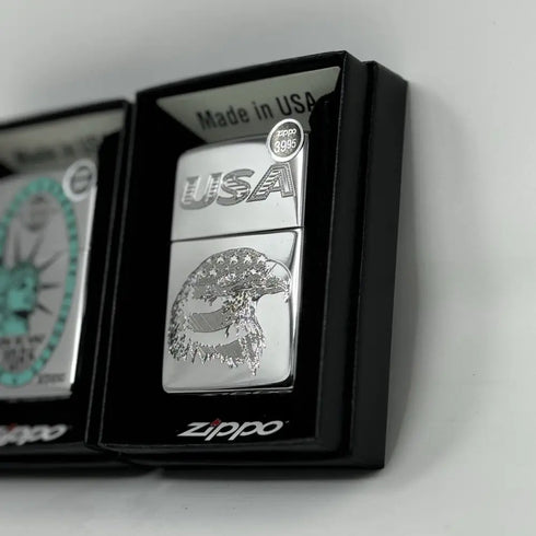 2x Genuine Zippo Windproof Lighter, Polished Chrome US Made Statue Of Liberty