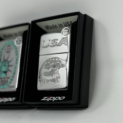 2x Genuine Zippo Windproof Lighter, Polished Chrome US Made Statue Of Liberty