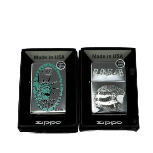 2x Genuine Zippo Windproof Lighter, Polished Chrome US Made Statue Of Liberty
