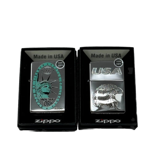 2x Genuine Zippo Windproof Lighter, Polished Chrome US Made Statue Of Liberty