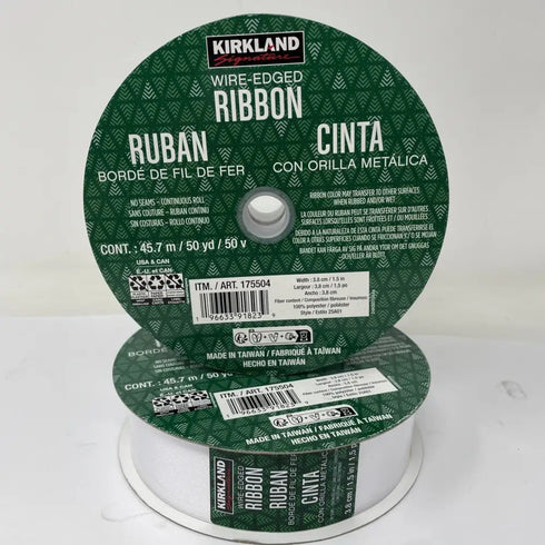 2x Kirkland Wire-Edged White Ribbon 1.5" x 50 yds - Christmas Wreath Bows
