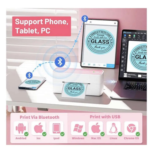 Bluetooth Thermal Label Printer -pink PM-241-BT Wireless Shipping Label Printers