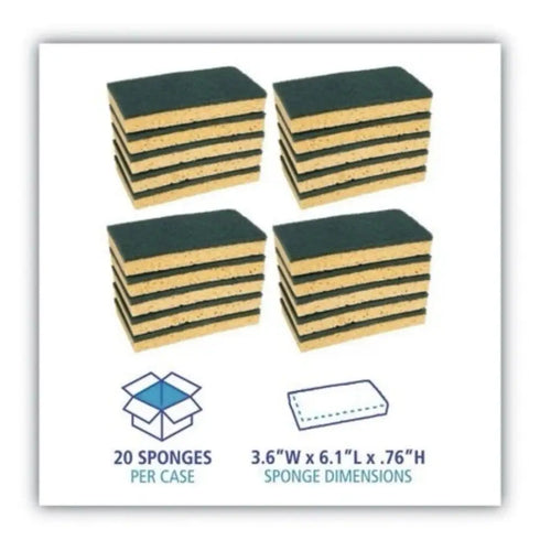 Boardwalk BWK174 Medium-Duty Scrubbing Sponge, Y/G 0.75" Thick, 3.6x6.1 , 20/CT