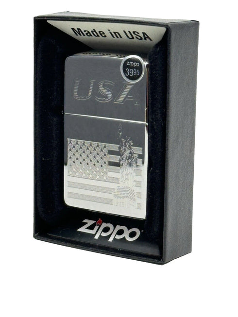 Genuine Zippo Windproof Lighter Made USA Polished Chrome Engraved American Flag
