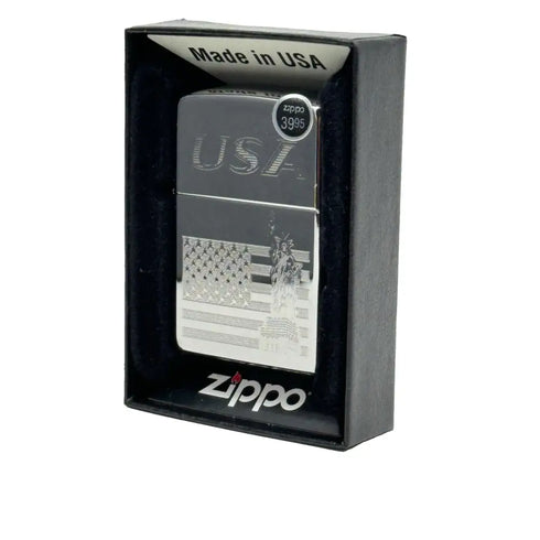 Genuine Zippo Windproof Lighter Made USA Polished Chrome Engraved American Flag