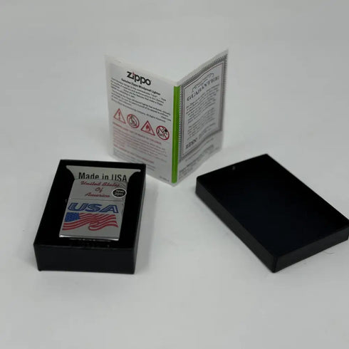Genuine Zippo Windproof Lighter Made USA Polished Chrome Printed American Flag