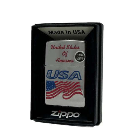 Genuine Zippo Windproof Lighter Made USA Polished Chrome Printed American Flag