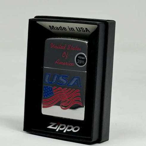 Genuine Zippo Windproof Lighter Made USA Polished Chrome Printed American Flag