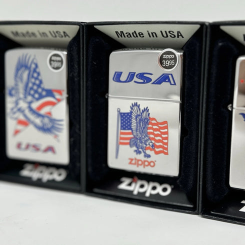 Genuine Zippo Windproof Lighter Polished Chrome American Eagle Color Flag 4Pack