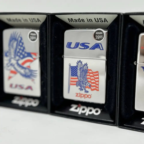 Genuine Zippo Windproof Lighter Polished Chrome American Eagle Color Flag 4Pack