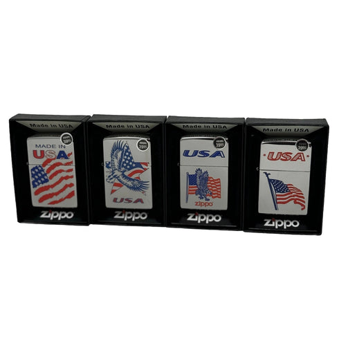 Genuine Zippo Windproof Lighter Polished Chrome American Eagle Color Flag 4Pack