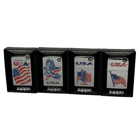 Genuine Zippo Windproof Lighter Polished Chrome American Eagle Color Flag 4Pack