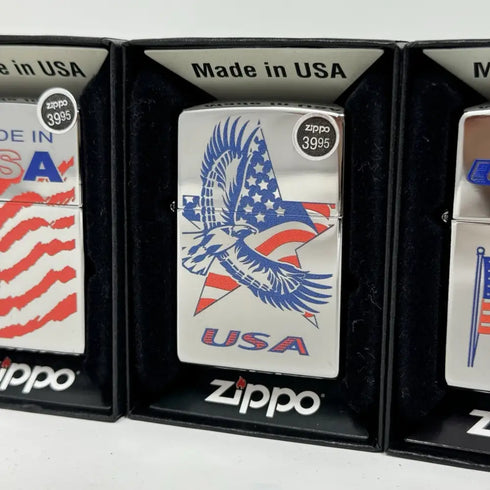 Genuine Zippo Windproof Lighter Polished Chrome American Eagle Color Flag 4Pack