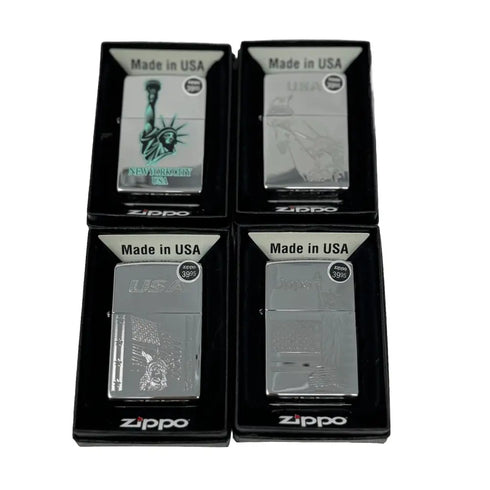 Genuine Zippo Windproof Lighter, Polished Chrome Statue Of Liberty 4Pack US Made