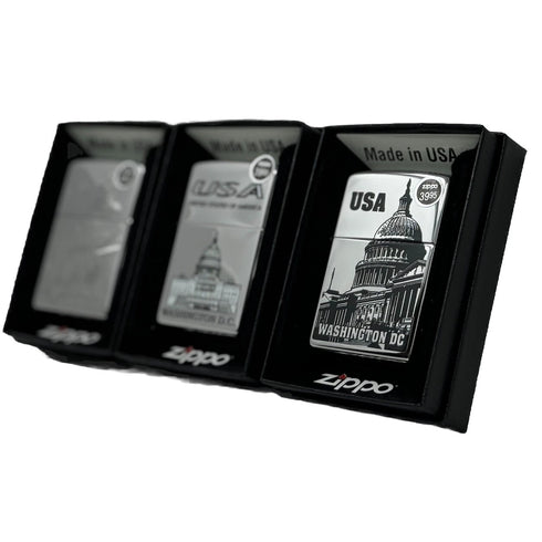 Genuine Zippo Windproof Lighter, Polished Chrome Washington DC Made In US 3 Pack