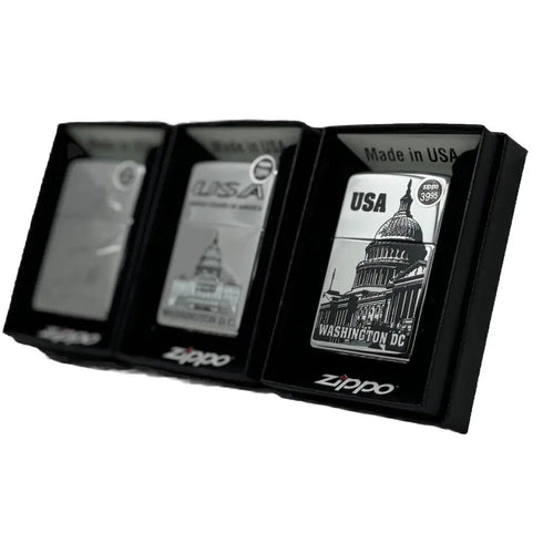 Genuine Zippo Windproof Lighter, Polished Chrome Washington DC Made In US 3 Pack