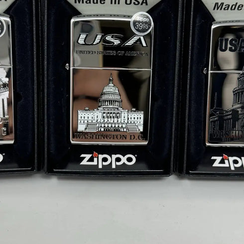 Genuine Zippo Windproof Lighter, Polished Chrome Washington DC Made In US 3 Pack