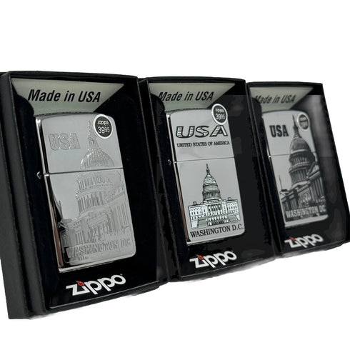 Genuine Zippo Windproof Lighter, Polished Chrome Washington DC Made In US 3 Pack