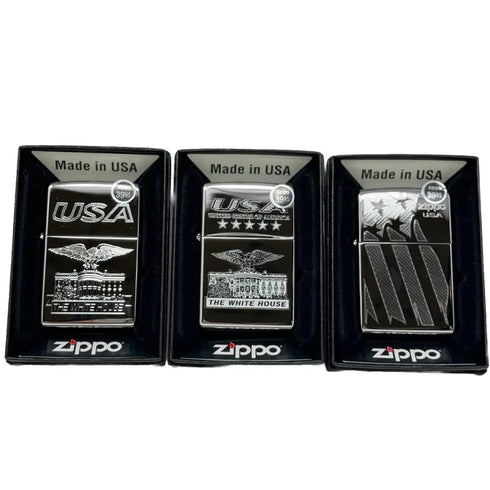 Genuine Zippo Windproof Lighter, Polished Chrome White House 3 Pack Made In USA
