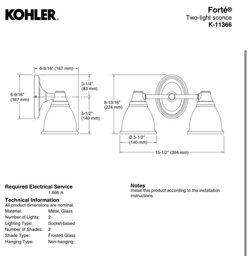 Kohler 11366-CPL Forté Bathroom Vanity Fixture, 2 Light, Polished Chrome