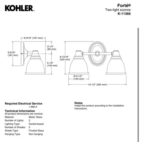 Kohler 11366-CPL Forté Bathroom Vanity Fixture, 2 Light, Polished Chrome