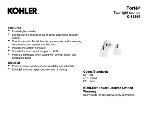 Kohler 11366-CPL Forté Bathroom Vanity Fixture, 2 Light, Polished Chrome