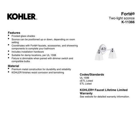 Kohler 11366-CPL Forté Bathroom Vanity Fixture, 2 Light, Polished Chrome