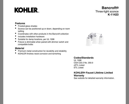 Kohler 11423-BNL Bancroft Brushed Nickel 3-Light Vanity Fixture, UL Listed