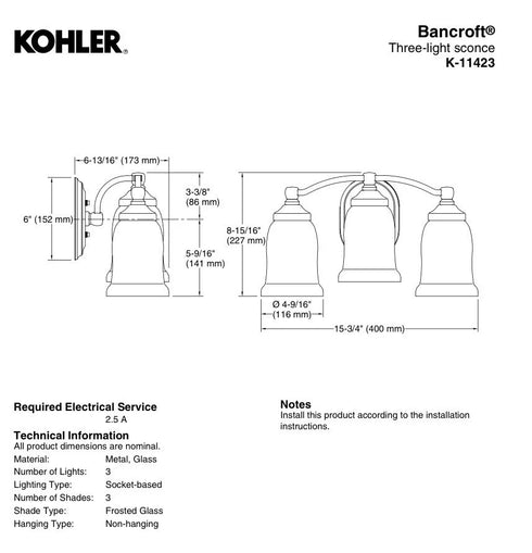 Kohler 11423-BNL Bancroft Brushed Nickel 3-Light Vanity Fixture, UL Listed