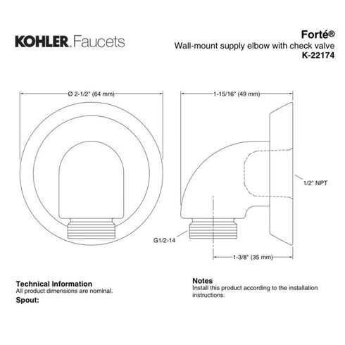 Kohler 22174-2BZ Forte Wall-Mount Supply Elbow W/ Check Valve Oil Rubbed Bronze