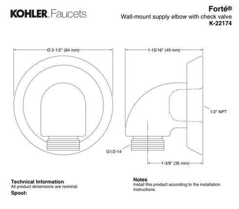 Kohler 22174-2BZ Forte Wall-Mount Supply Elbow W/ Check Valve Oil Rubbed Bronze