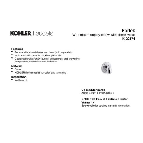 Kohler 22174-2BZ Forte Wall-Mount Supply Elbow W/ Check Valve Oil Rubbed Bronze
