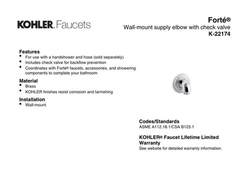 Kohler 22174-2BZ Forte Wall-Mount Supply Elbow W/ Check Valve Oil Rubbed Bronze