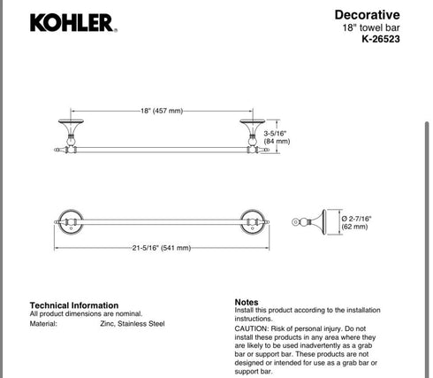 Kohler 26523-BN Decorative 18" Towel Bar - Brushed Nickel