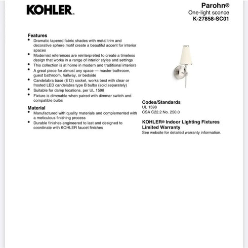 Kohler 27858-SC01-GNL Parohn One-Light Sconce - Gunmetal