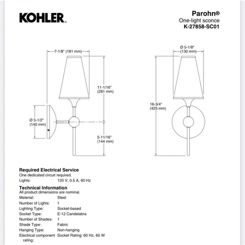 Kohler 27858-SC01-GNL Parohn One-Light Sconce - Gunmetal