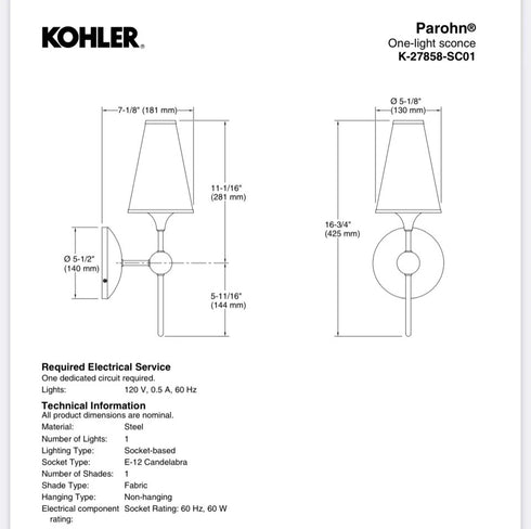 Kohler 27858-SC01-GNL Parohn One-Light Sconce - Gunmetal
