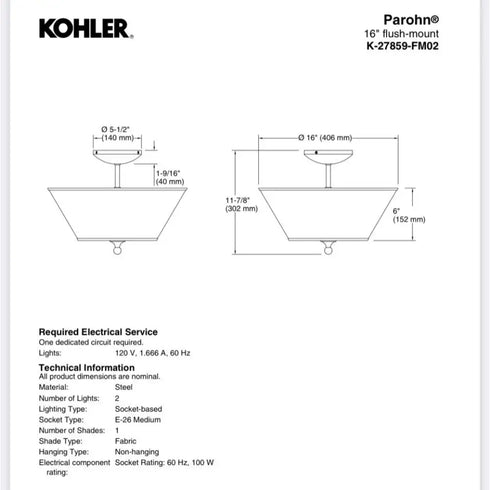Kohler 27859-FM02-2PL Parohn 16" - 2 Light Flush Mount - Polished Brass (Gold)