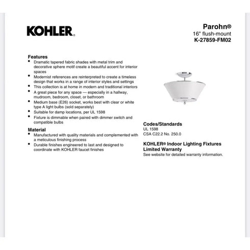 Kohler 27859-FM02-2PL Parohn 16" - 2 Light Flush Mount - Polished Brass (Gold)
