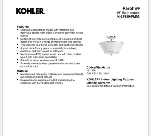 Kohler 27859-FM02-CPL Parohn 16" - 2 Light Flush Mount - Color Polished Chrome