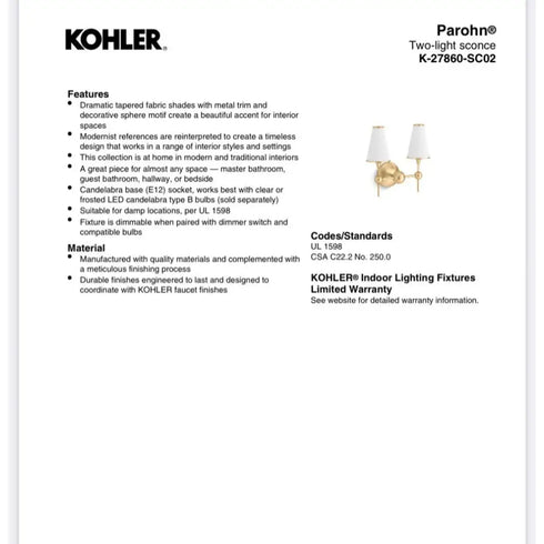Kohler 27860-SC02-CPL - Parohn Two-light Sconce - Color/finish Polished Chrome