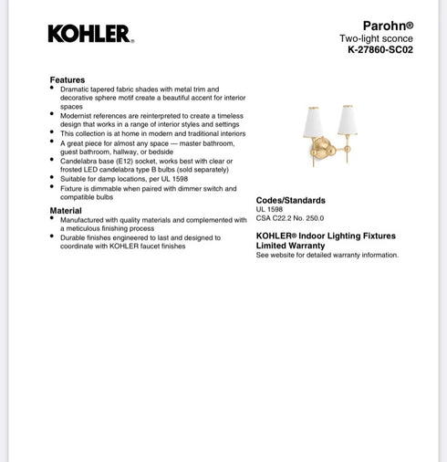 Kohler 27860-SC02-CPL - Parohn Two-light Sconce - Color/finish Polished Chrome