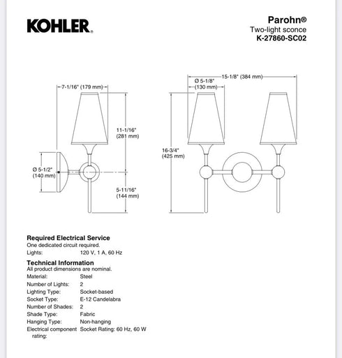 Kohler 27860-SC02-CPL - Parohn Two-light Sconce - Color/finish Polished Chrome