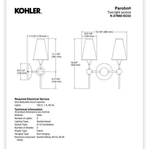 Kohler 27860-SC02-CPL - Parohn Two-light Sconce - Color/finish Polished Chrome